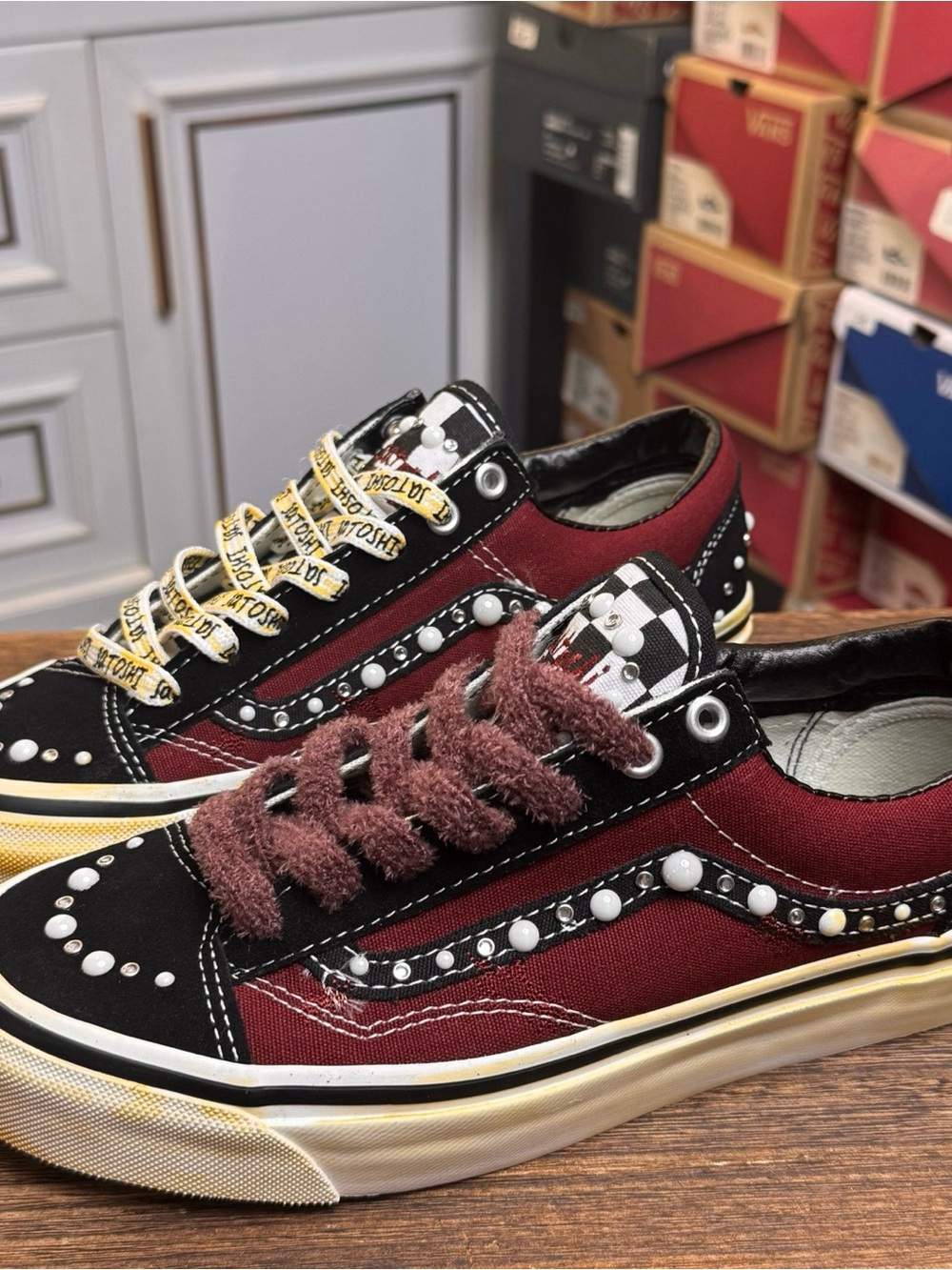Kids Burgundy and Black Canvas Sneakers with Decorative Studs